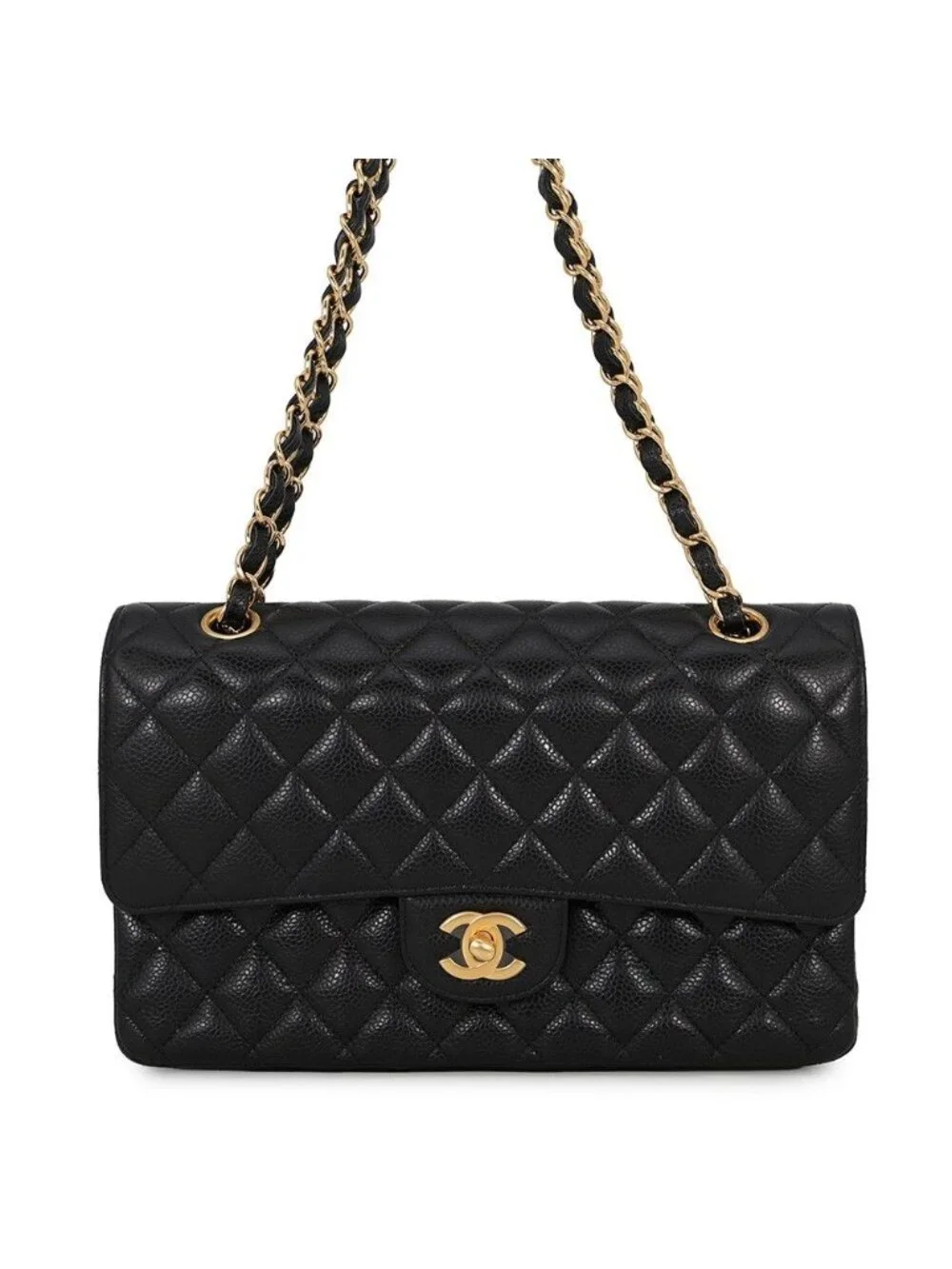 Chanel Chain Shoulder Bag Quilted 25 CC Logo Caviar Leather Double Black